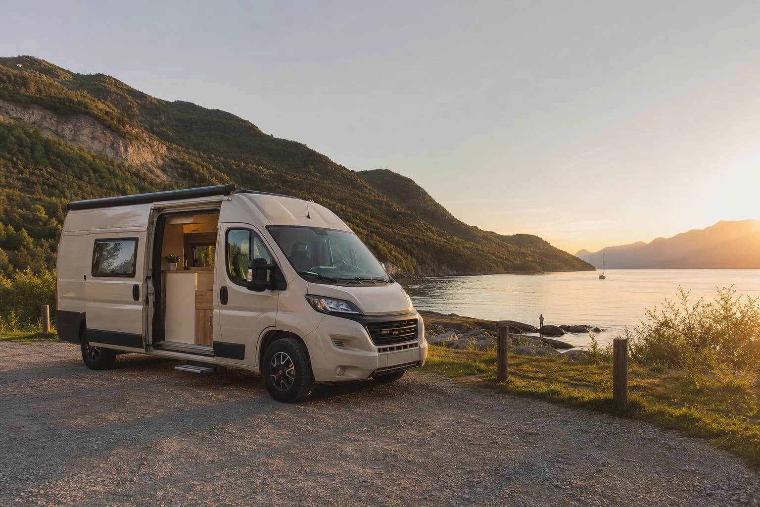 Van aménagé stationné pour la nuit dans un environnement naturel autorisé